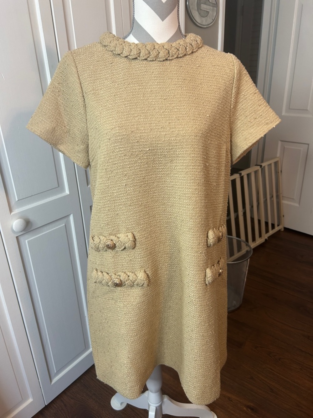 Tuckernuck Braided Trim Jackie Short Sleeve Shift Dress in Light Yellow